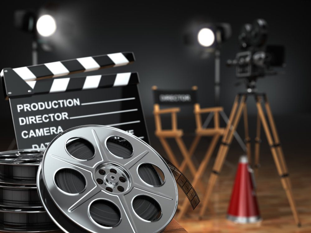 video,,movie,,cinema,concept.,retro,camera,,reels,,clapperboard,and,director